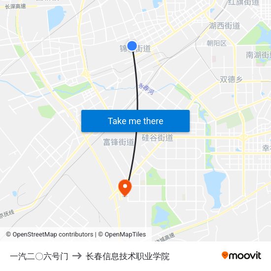 一汽二〇六号门 to 长春信息技术职业学院 map