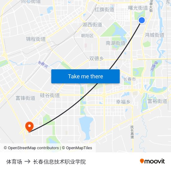 体育场 to 长春信息技术职业学院 map