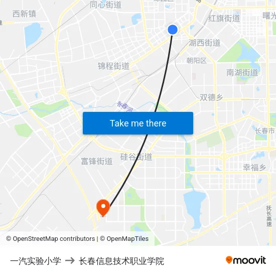 一汽实验小学 to 长春信息技术职业学院 map