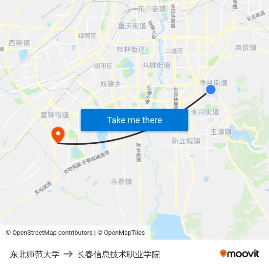 东北师范大学 to 长春信息技术职业学院 map