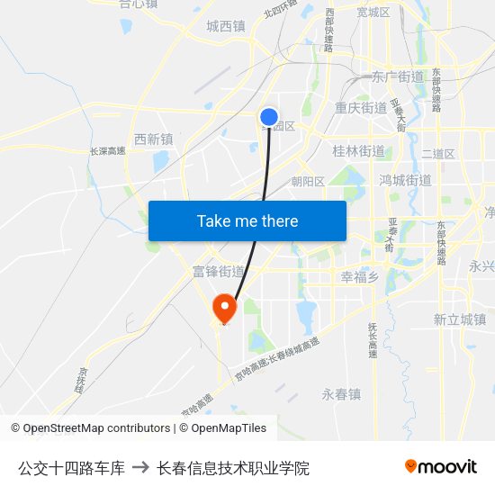 公交十四路车库 to 长春信息技术职业学院 map