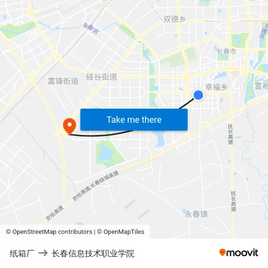 纸箱厂 to 长春信息技术职业学院 map