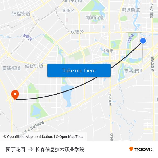 园丁花园 to 长春信息技术职业学院 map