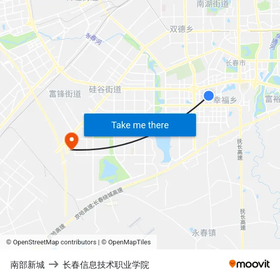 南部新城 to 长春信息技术职业学院 map