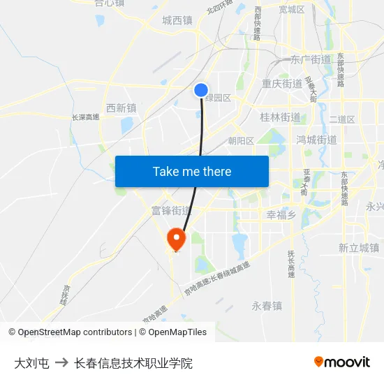 大刘屯 to 长春信息技术职业学院 map