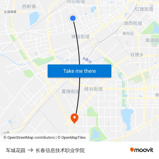 车城花园 to 长春信息技术职业学院 map