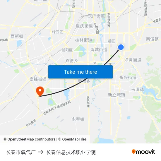 长春市氧气厂 to 长春信息技术职业学院 map