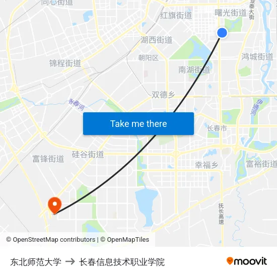 东北师范大学 to 长春信息技术职业学院 map