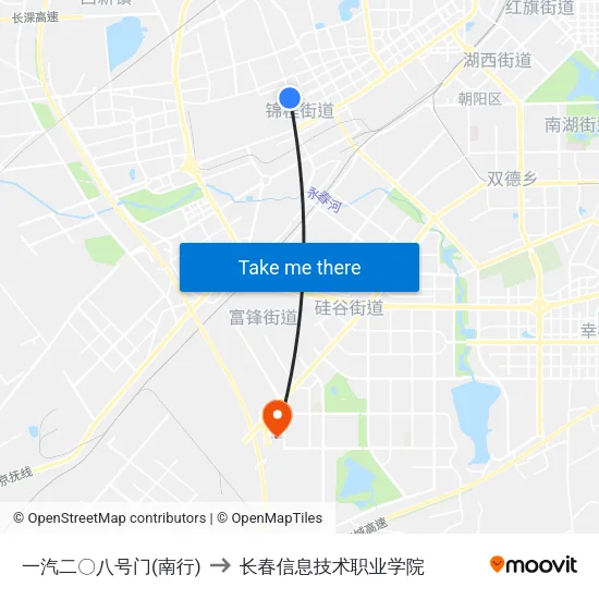 一汽二〇八号门(南行) to 长春信息技术职业学院 map