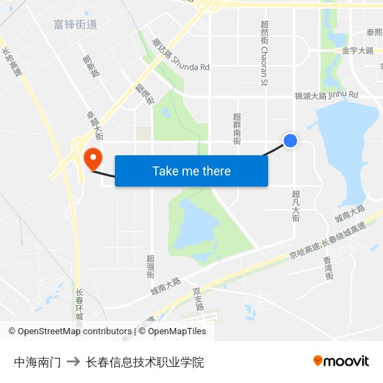 中海南门 to 长春信息技术职业学院 map
