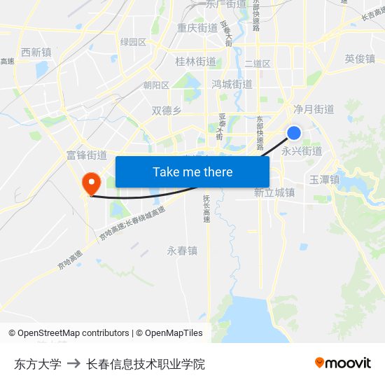 东方大学 to 长春信息技术职业学院 map