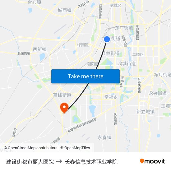 建设街都市丽人医院 to 长春信息技术职业学院 map