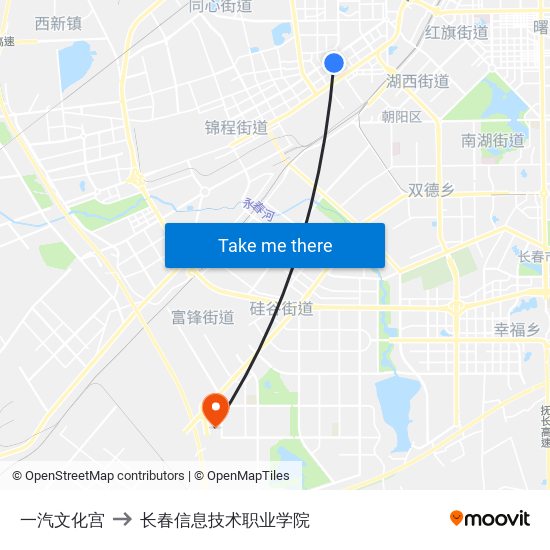 一汽文化宫 to 长春信息技术职业学院 map