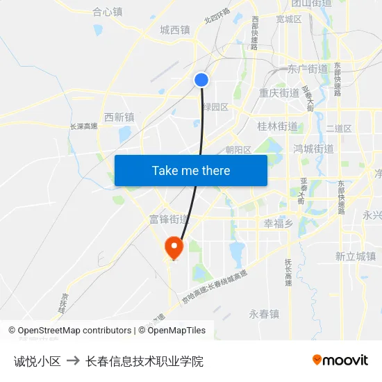 诚悦小区 to 长春信息技术职业学院 map