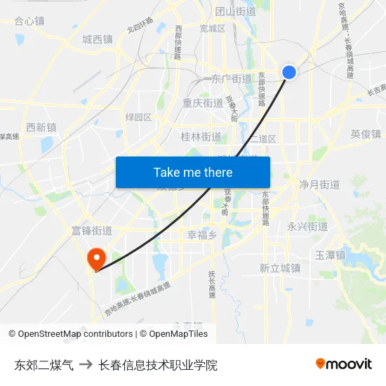 东郊二煤气 to 长春信息技术职业学院 map