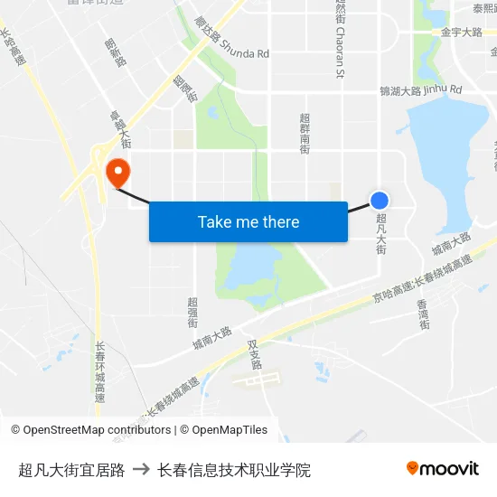 超凡大街宜居路 to 长春信息技术职业学院 map