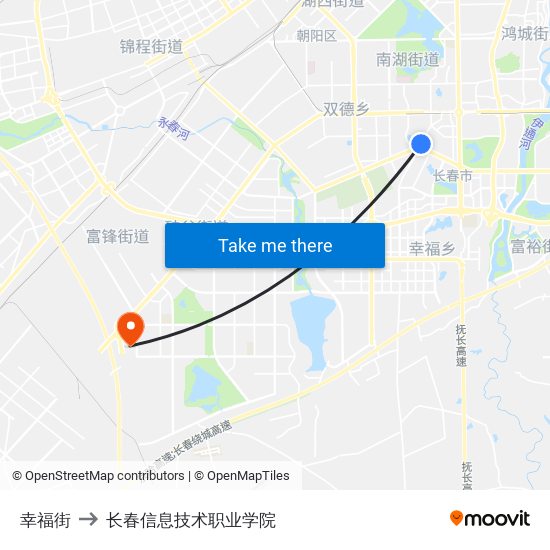 幸福街 to 长春信息技术职业学院 map