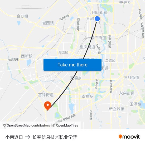 小南道口 to 长春信息技术职业学院 map
