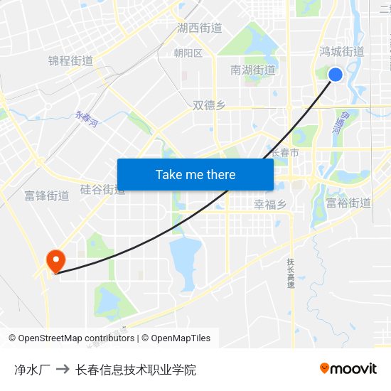 净水厂 to 长春信息技术职业学院 map