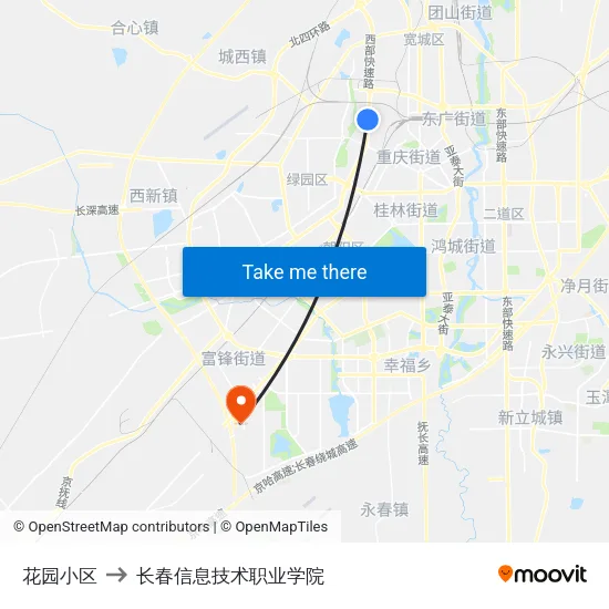 花园小区 to 长春信息技术职业学院 map