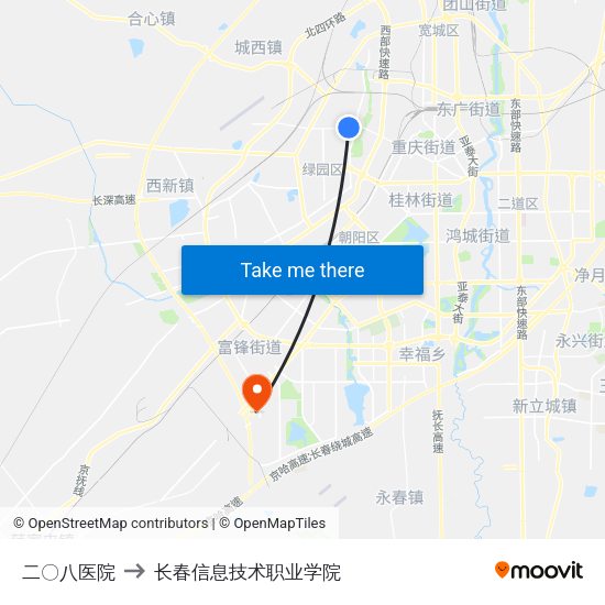 二〇八医院 to 长春信息技术职业学院 map