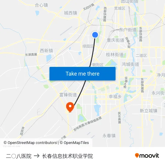 二〇八医院 to 长春信息技术职业学院 map