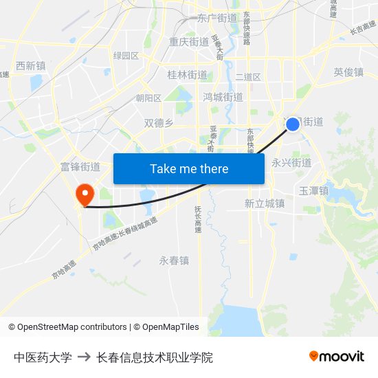 中医药大学 to 长春信息技术职业学院 map