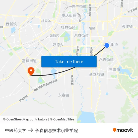 中医药大学 to 长春信息技术职业学院 map