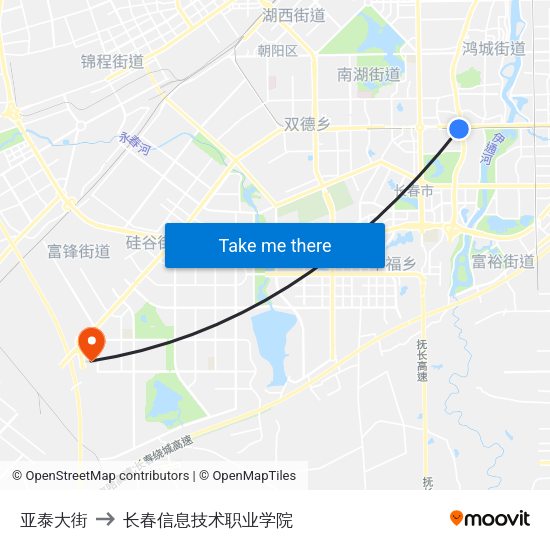亚泰大街 to 长春信息技术职业学院 map