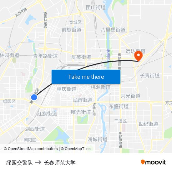 绿园交警队 to 长春师范大学 map