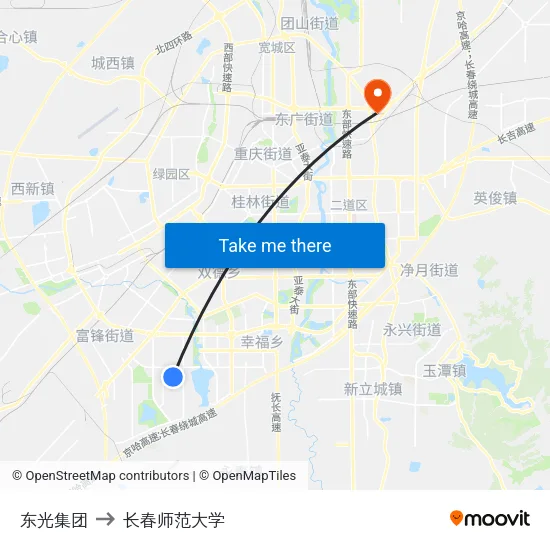 东光集团 to 长春师范大学 map