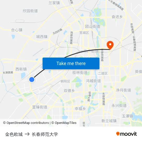 金色欧城 to 长春师范大学 map