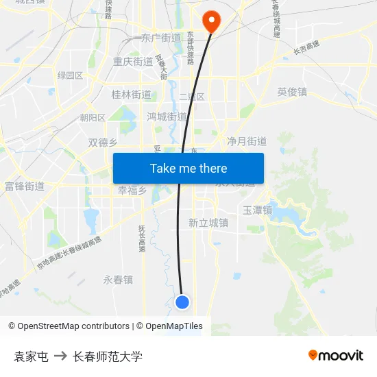 袁家屯 to 长春师范大学 map
