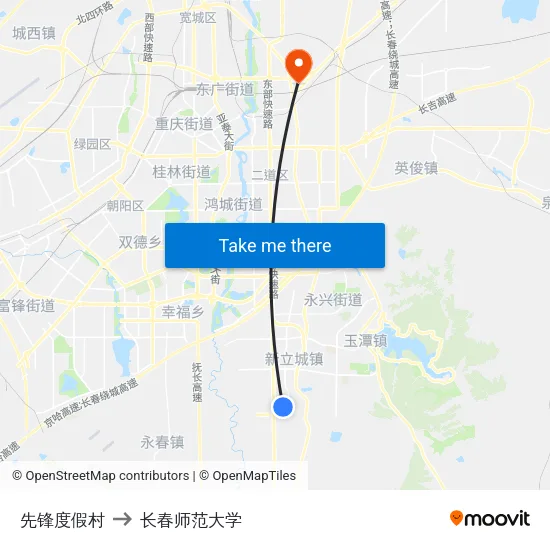 先锋度假村 to 长春师范大学 map