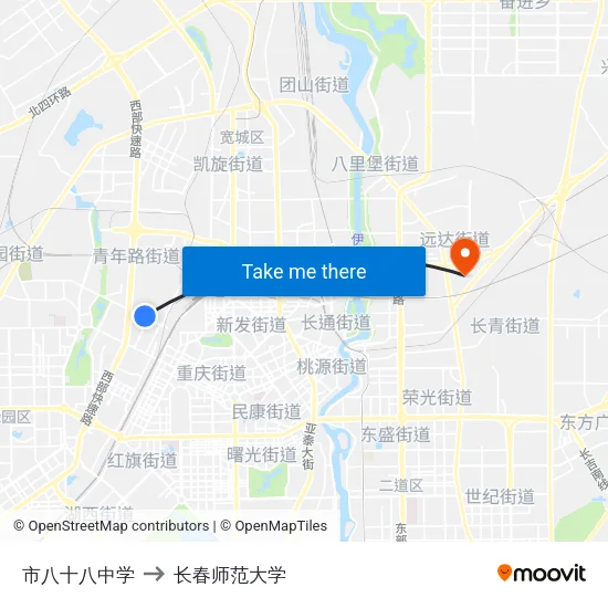 市八十八中学 to 长春师范大学 map