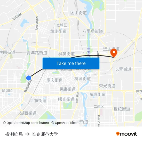 省测绘局 to 长春师范大学 map