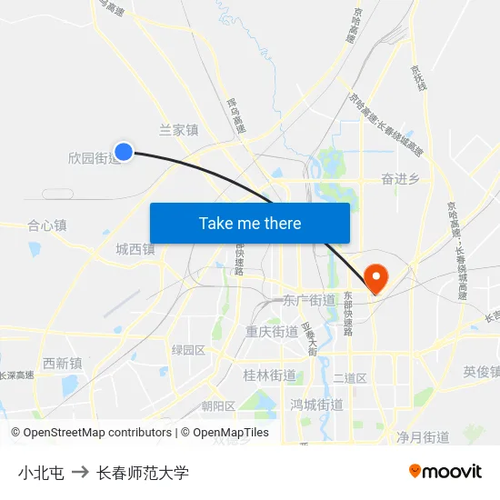 小北屯 to 长春师范大学 map