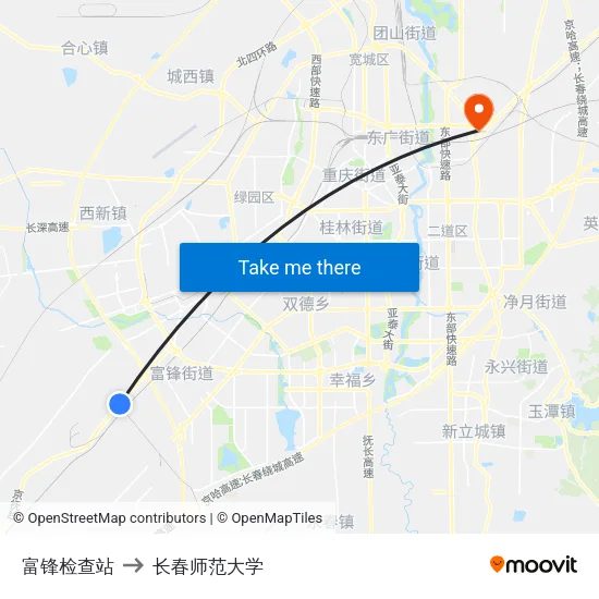 富锋检查站 to 长春师范大学 map