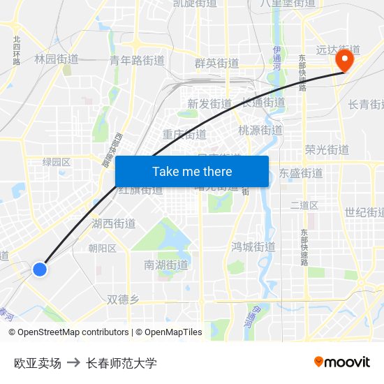 欧亚卖场 to 长春师范大学 map