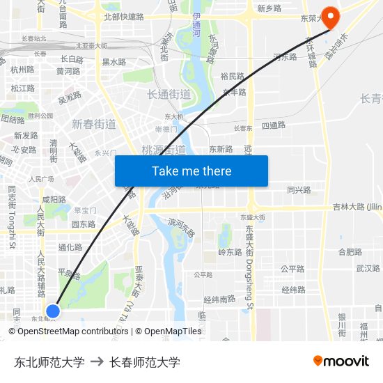 东北师范大学 to 长春师范大学 map