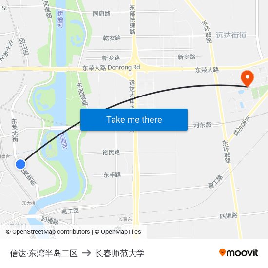 信达·东湾半岛二区 to 长春师范大学 map