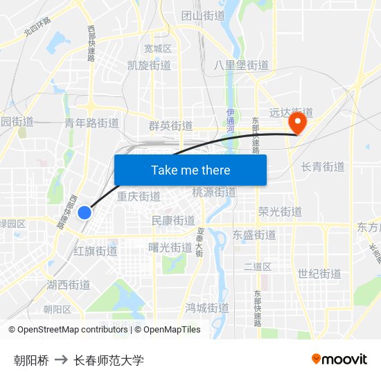 朝阳桥 to 长春师范大学 map