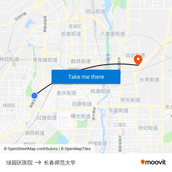 绿园区医院 to 长春师范大学 map