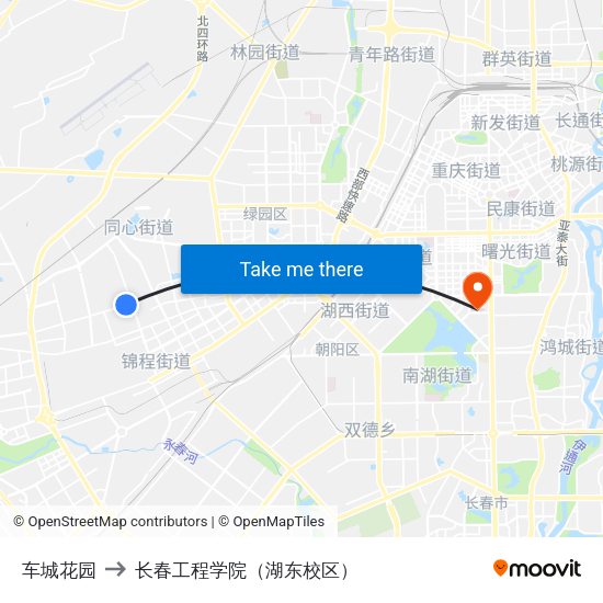 车城花园 to 长春工程学院（湖东校区） map