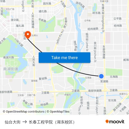 仙台大街 to 长春工程学院（湖东校区） map