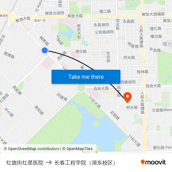红旗街红星医院 to 长春工程学院（湖东校区） map