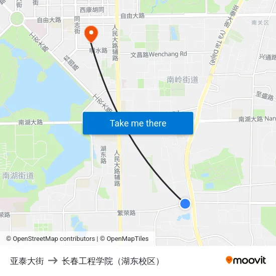亚泰大街 to 长春工程学院（湖东校区） map