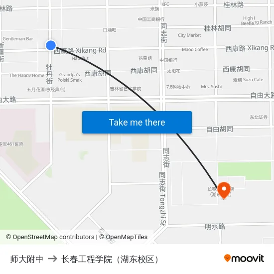 师大附中 to 长春工程学院（湖东校区） map