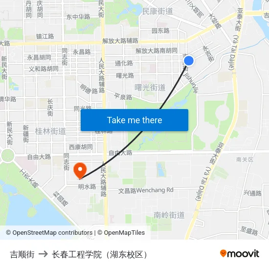 吉顺街 to 长春工程学院（湖东校区） map