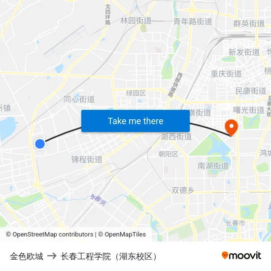 金色欧城 to 长春工程学院（湖东校区） map